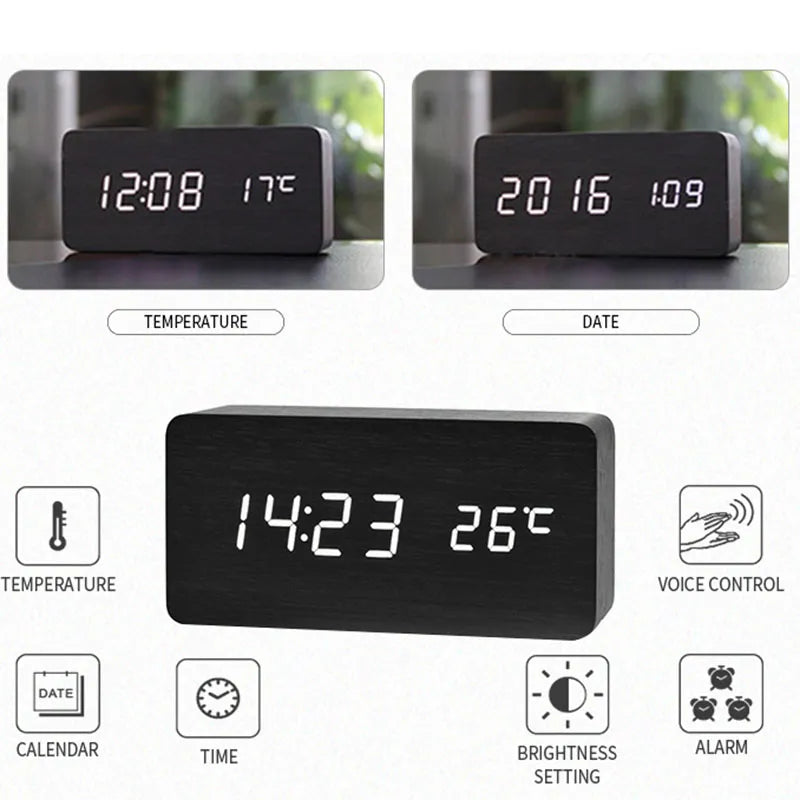 Wood-Look Digital LED Alarm Clock with Temperature Display