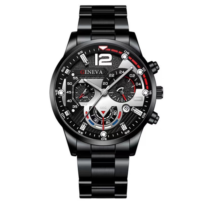 Men's Three-Eye Quartz Watch And Bracelet Set In Steel Strip