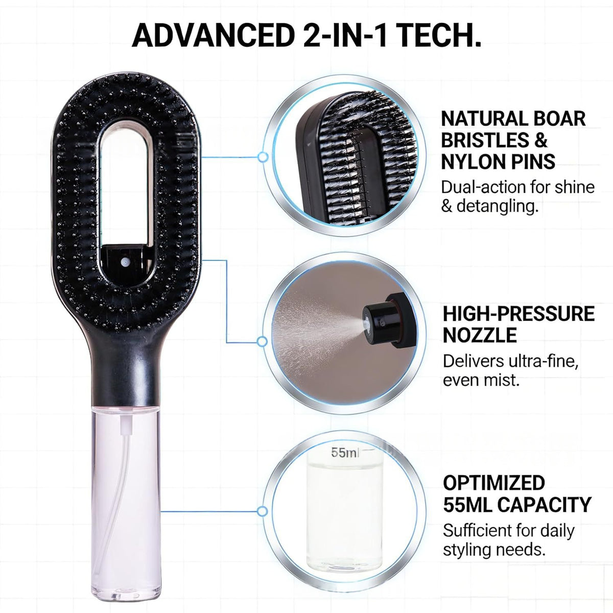 2-in-1 Detangling Hairbrush with Mist Spray Bottle