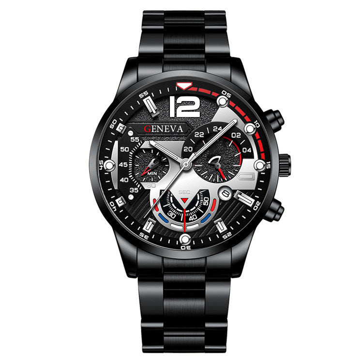 Men's Three-Eye Quartz Watch And Bracelet Set In Steel Strip