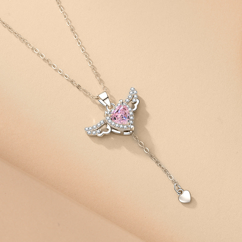 Cupid Heart Angel Wings Necklace With Crystal Clavicle Chain