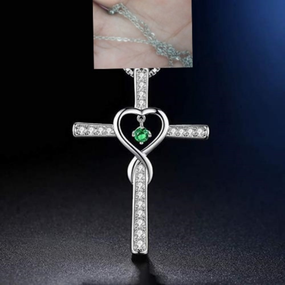 Birthstone Crystal Cross and Heart Pendant Necklace, Gold-Plated