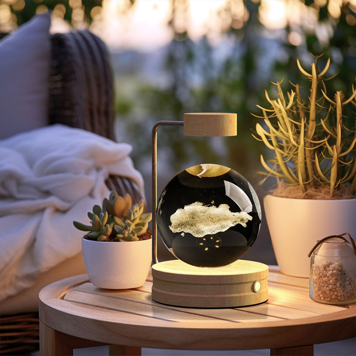 Crystal Ball Night Light With 3D Pattern On Wooden Base