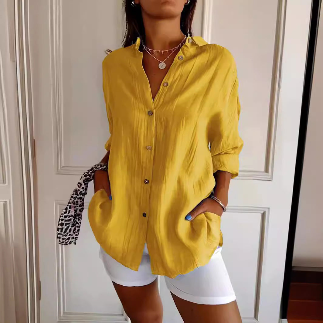 Women's Pleated Single-Breasted Lapel Shirt, Loose Fit, XS to 5XL