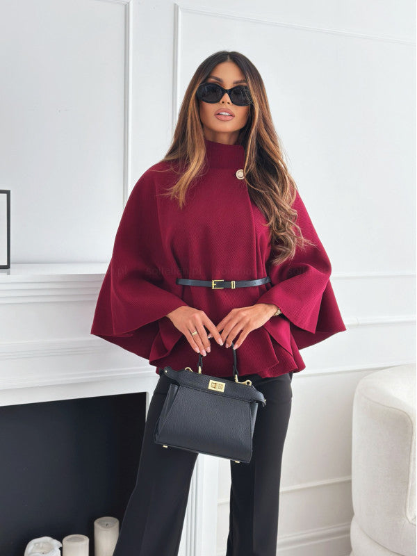 Women's Stand Collar Batwing Cloak Jacket With Belt, Woolen Look