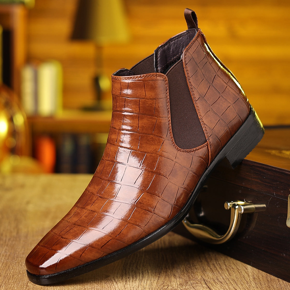 Men's Elegant Leather Shoes with Plaid Pattern in Six Colours