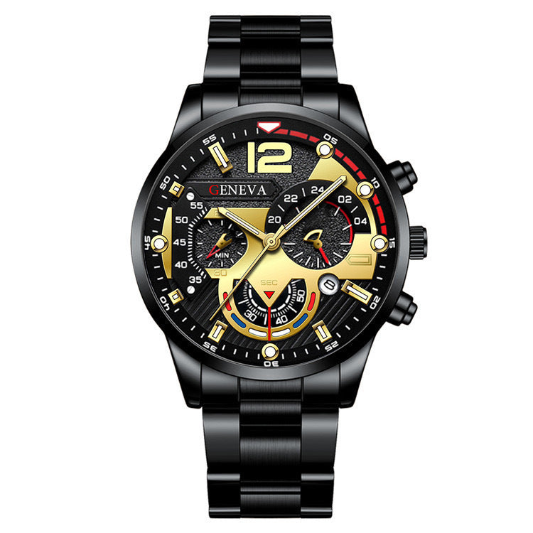 Men's Three-Eye Quartz Watch And Bracelet Set In Steel Strip