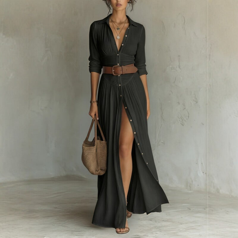 Women's V-Neck Long Dress with High Side Split, Loose Casual Maxi