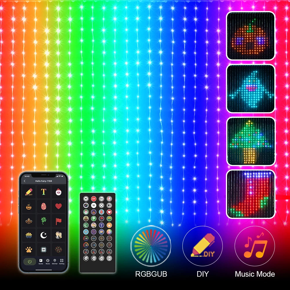 Smart LED RGB Curtain String Lights with Bluetooth App Control