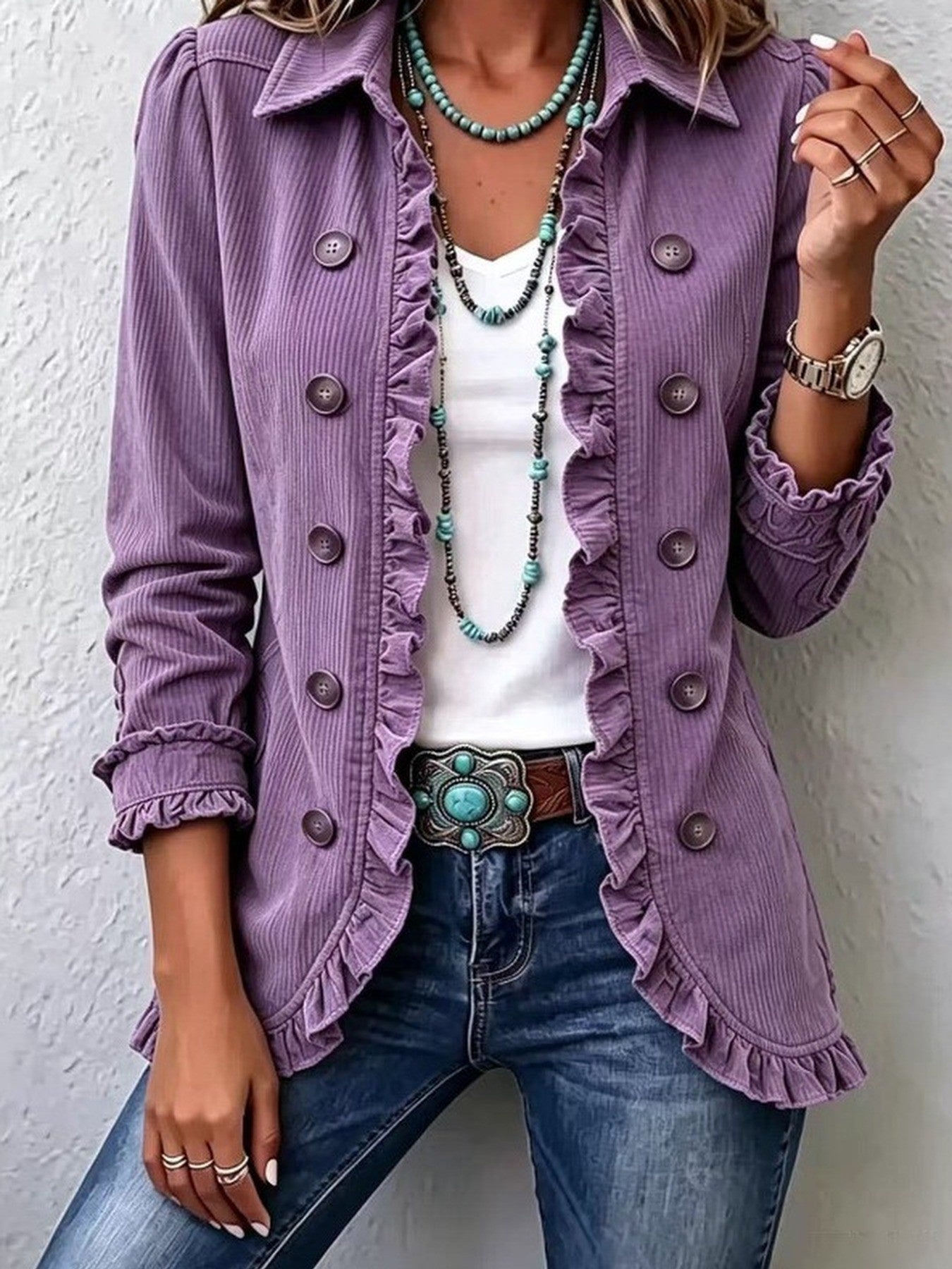 Women's Ruffled Long-Sleeve Knit Cardigan With Buttons