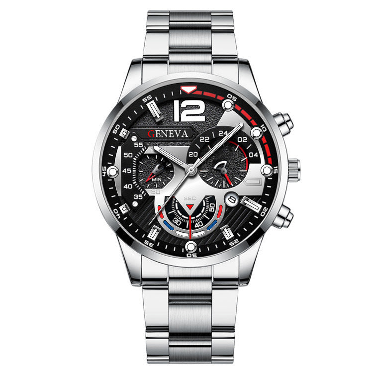 Men's Three-Eye Quartz Watch And Bracelet Set In Steel Strip