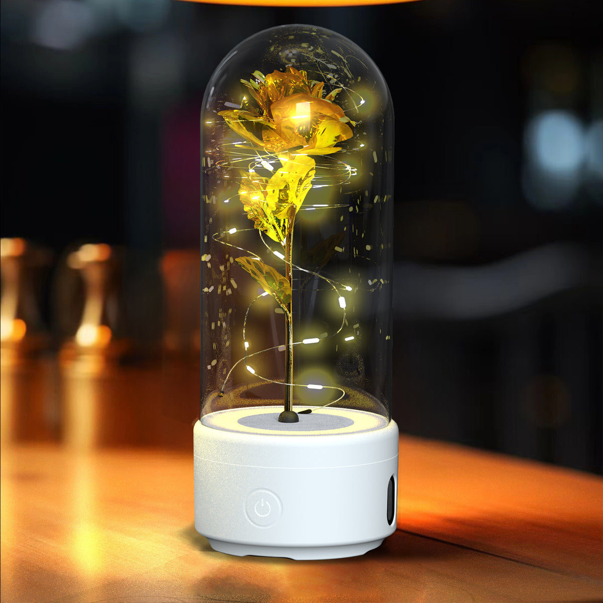 Rose Flower LED Night Light With Bluetooth Speaker In Glass Dome