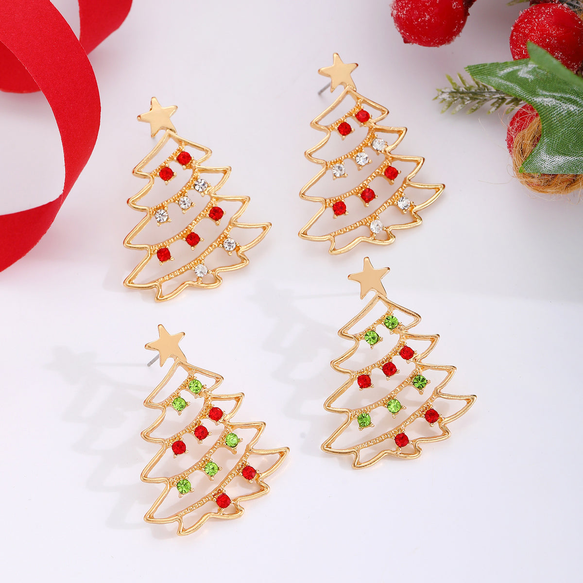 Colourful Zircon Christmas Tree Earrings in Gold Red and Green