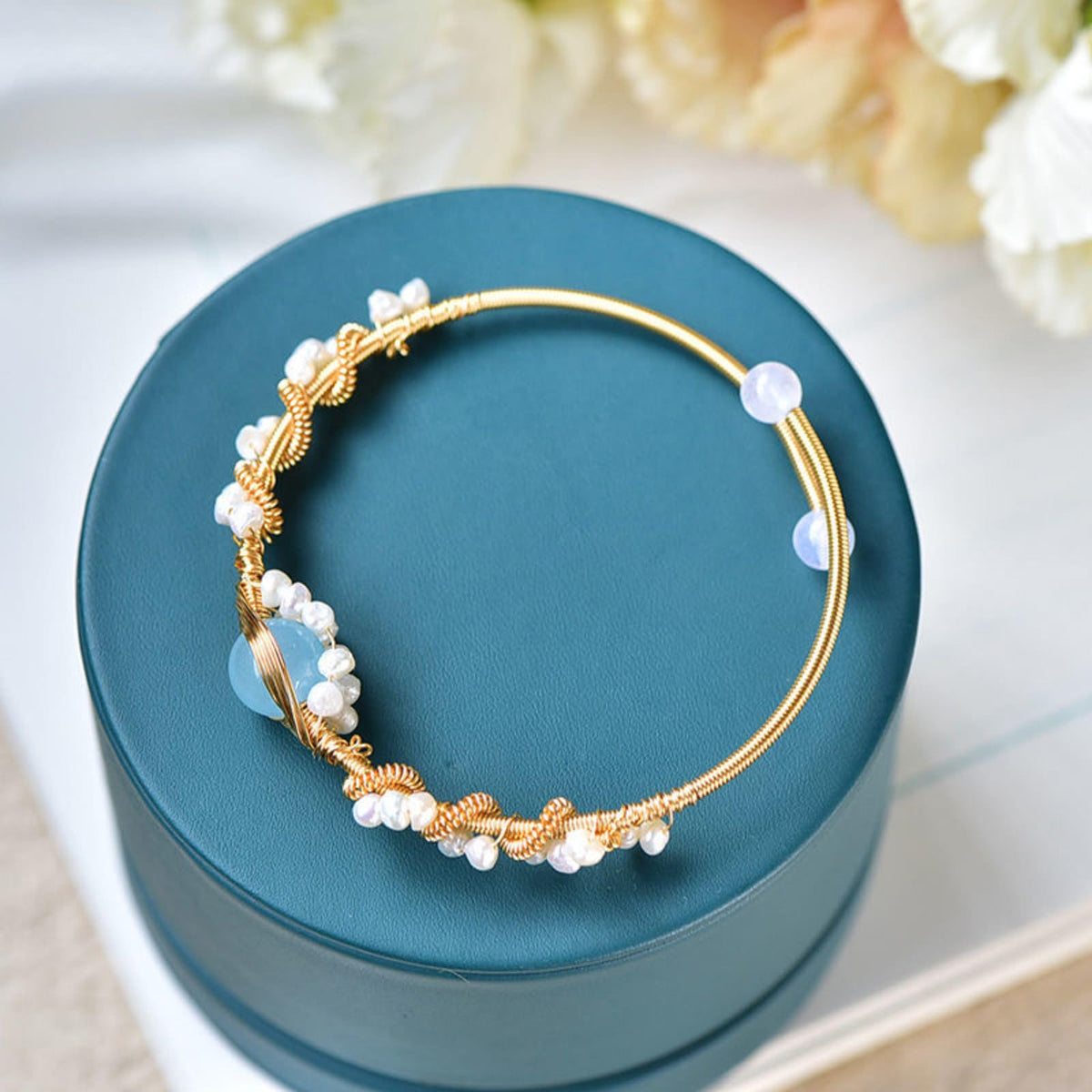 Gold Plated Pearl Bracelet for Women, Braided Wire Charm Bracelet