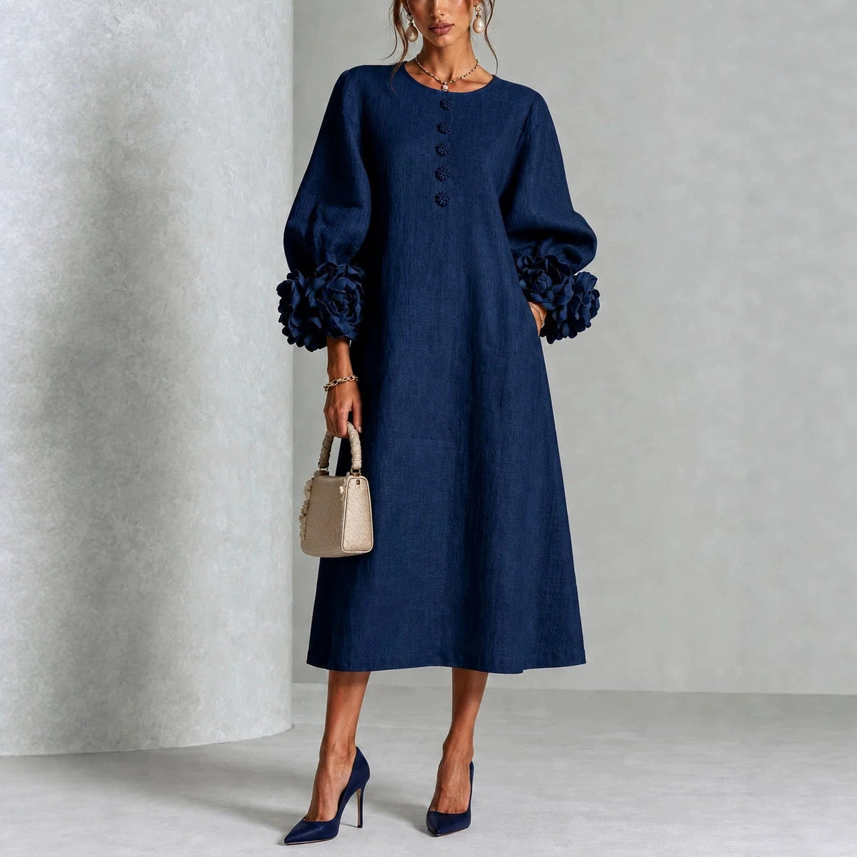 Floral Puff Sleeve A-Line Dress With 3D Flowers For Parties