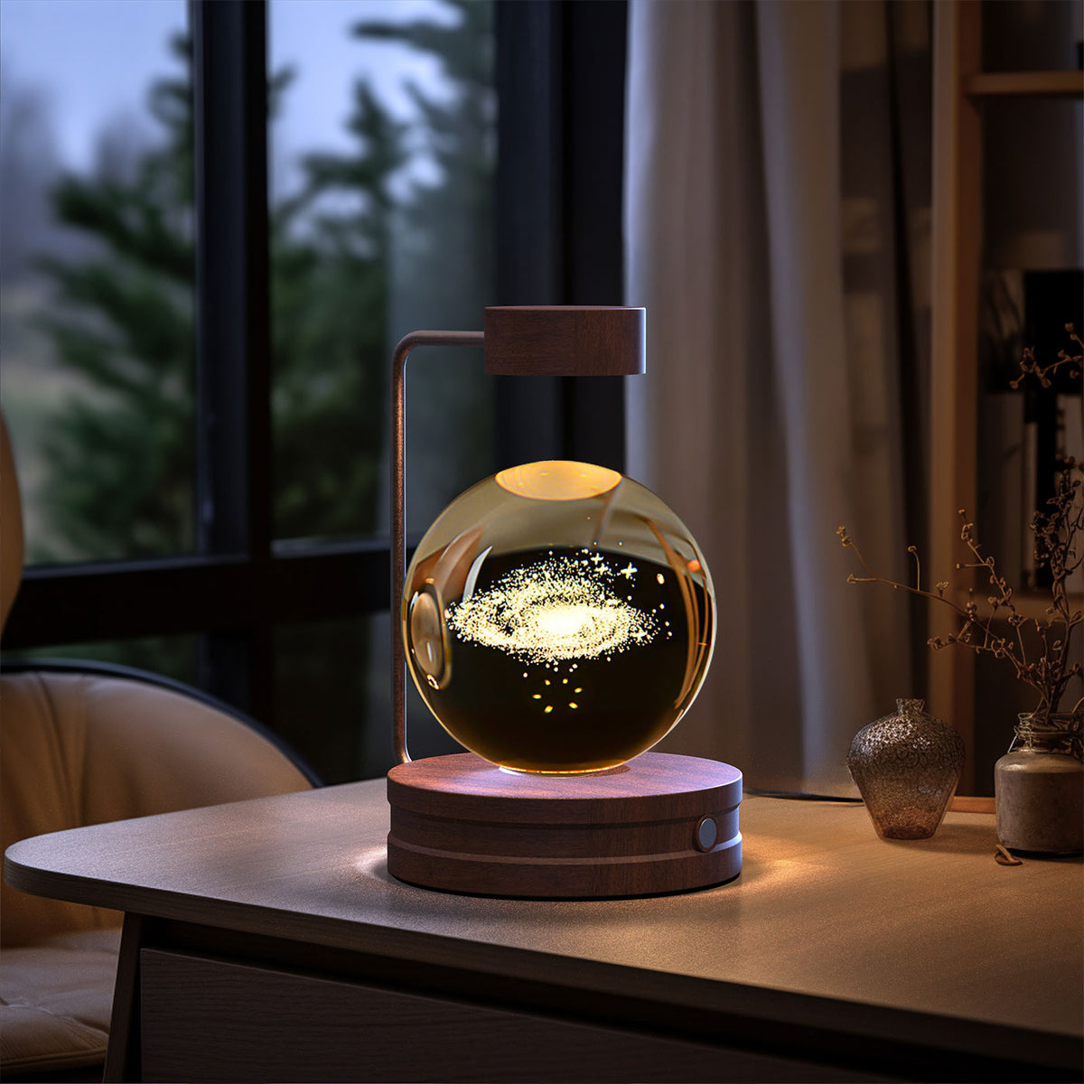 Crystal Ball Night Light With 3D Pattern On Wooden Base