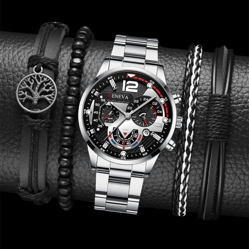 Men's Three-Eye Quartz Watch And Bracelet Set In Steel Strip
