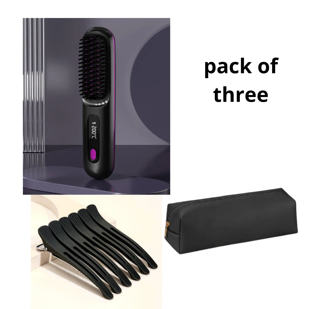 2-in-1 Cordless Hair Straightener Brush, USB Rechargeable
