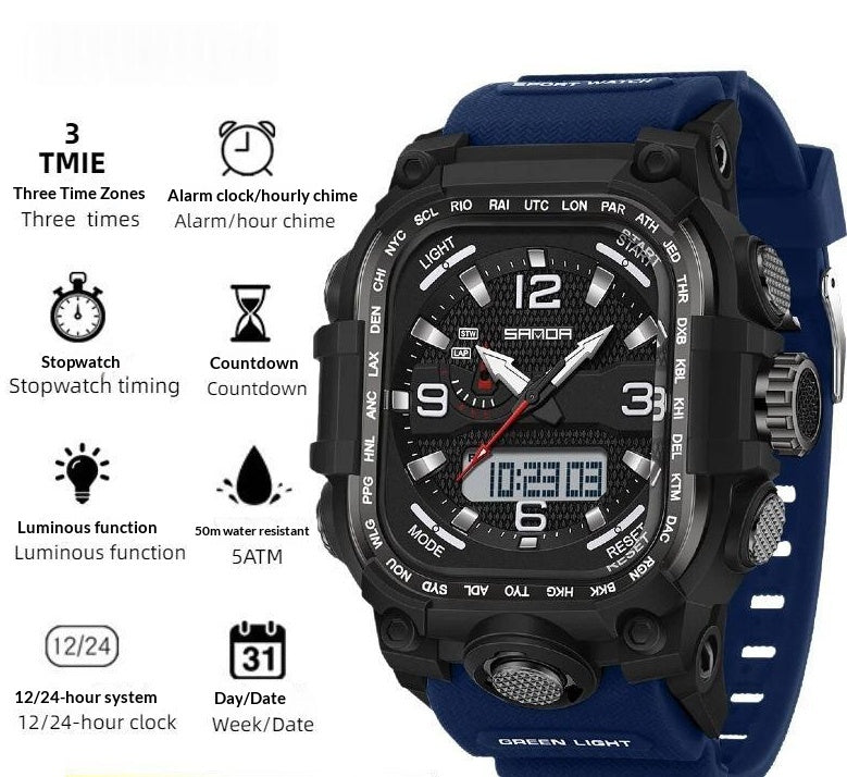Men's Waterproof Square Digital Sports Watch with Countdown Timer