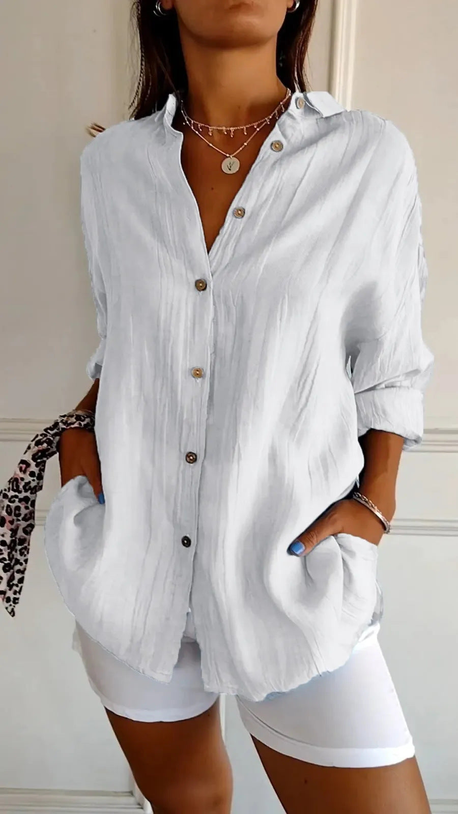 Women's Pleated Single-Breasted Lapel Shirt, Loose Fit, XS to 5XL