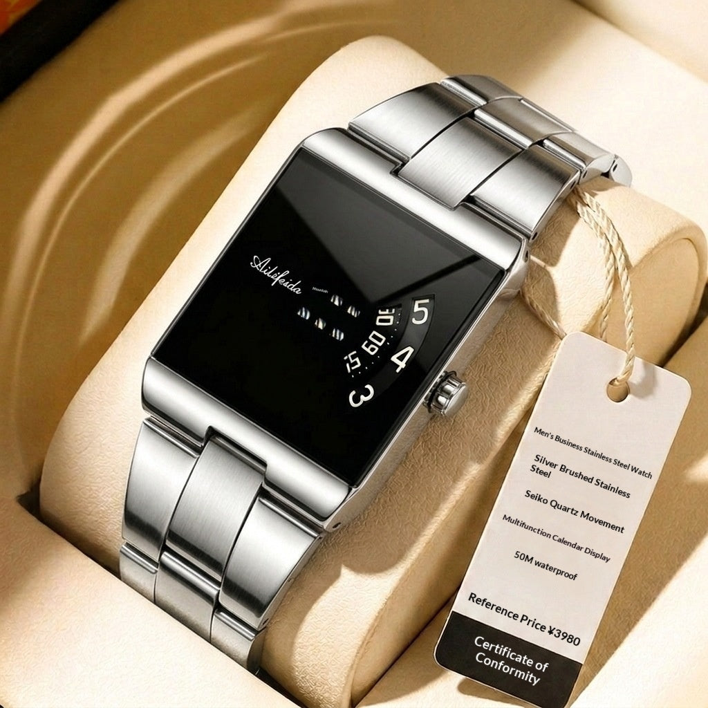 Square Quartz Waterproof Steel Band Luxury Men's Wristwatch