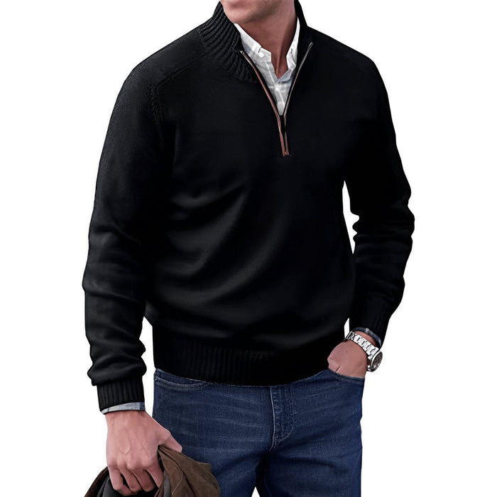 Camisola de malha masculina com fecho de um quarto e gola subida