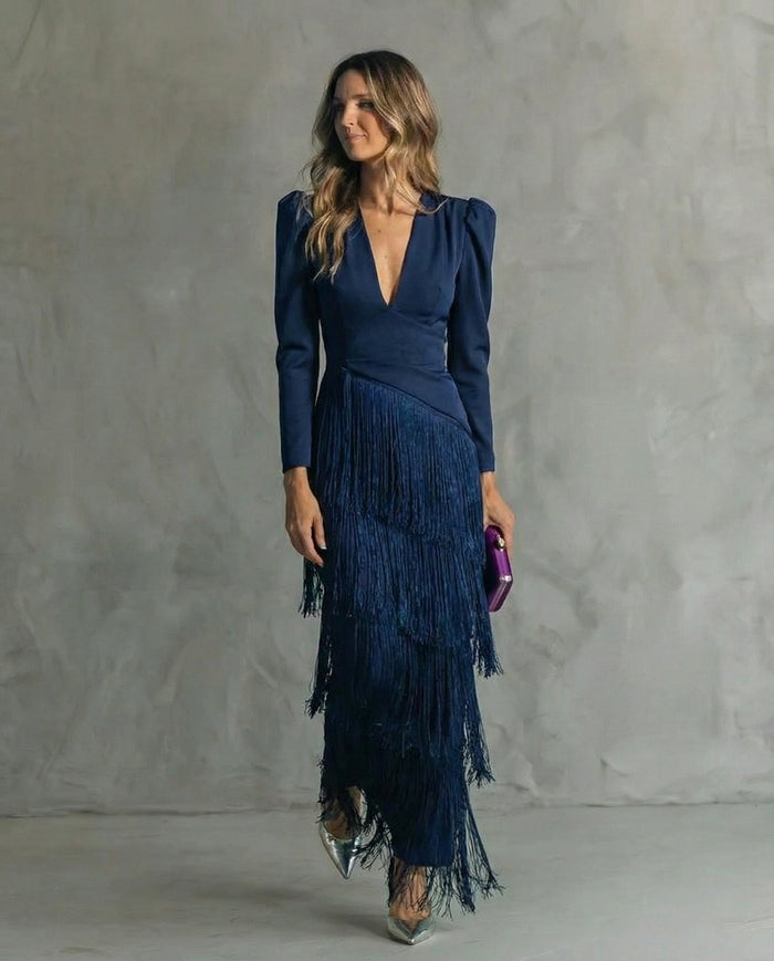 Celina | Fließendes Langarmkleid mit V-Ausschnitt