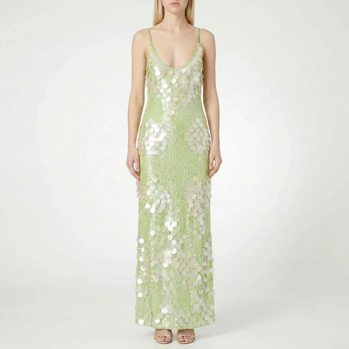 Vestido largo de lentejuelas para mujer con espalda descubierta y tirantes