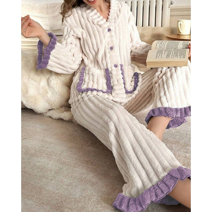 Plüsch-Ripp-Pyjama-Set für Damen mit Rüschenbesatz