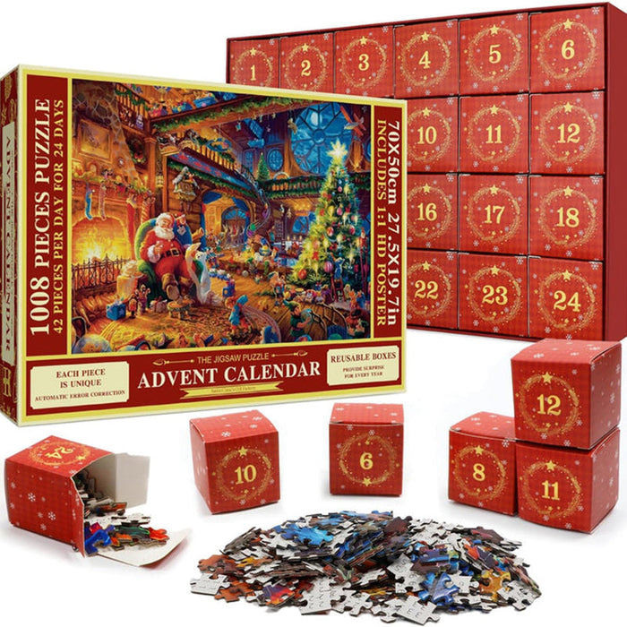 Juligt pussel med adventskalender och 24 luckor