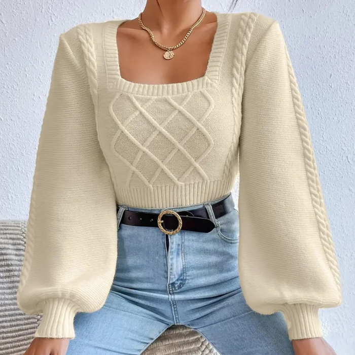 Pull en maille torsadée pour femme avec encolure carrée et manches ballon