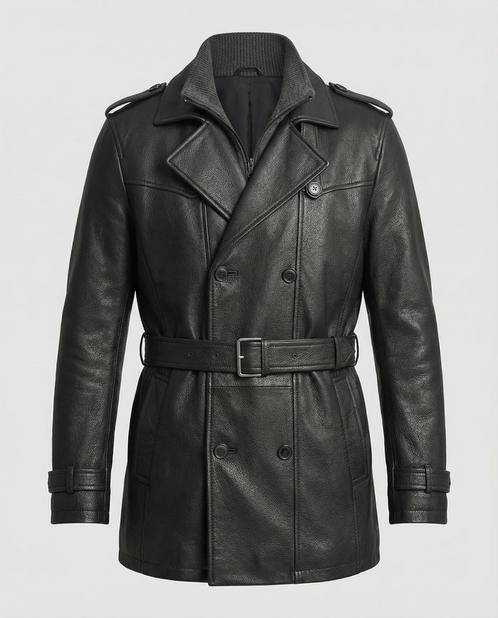 Herren-Leder-Trenchcoat im Zweireiher mit geripptem Kragen