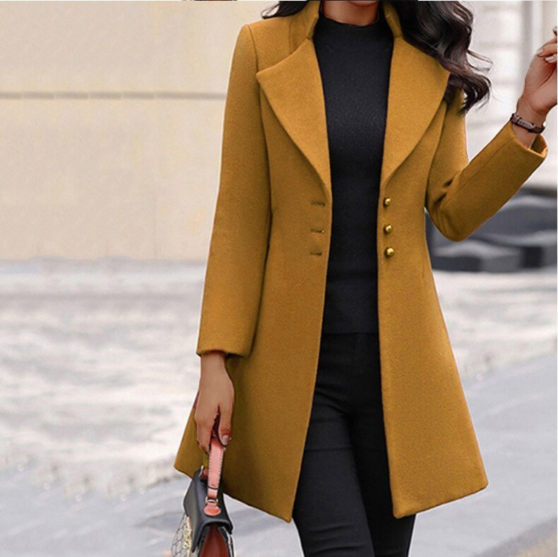 Women's Elegant Coat with Turn-Down Collar and Shiny Buttons