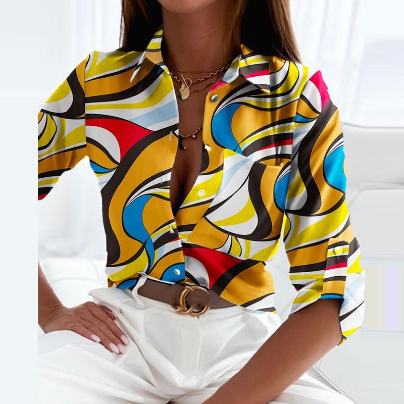 Women's Printed Blouse with Turn-Down Collar and Buttons